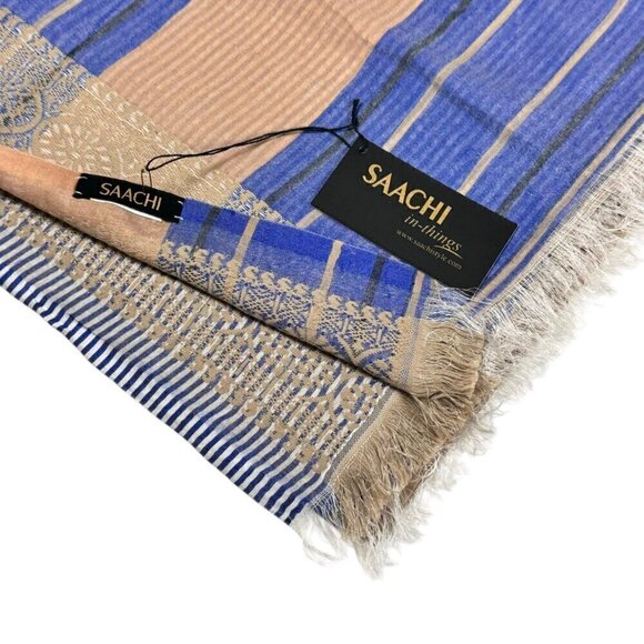 NWT Saachi Large Scarf Silk Blend Tan Blue Brocade Stripes Fringe Boho Lagenlook - Picture 10 of 12